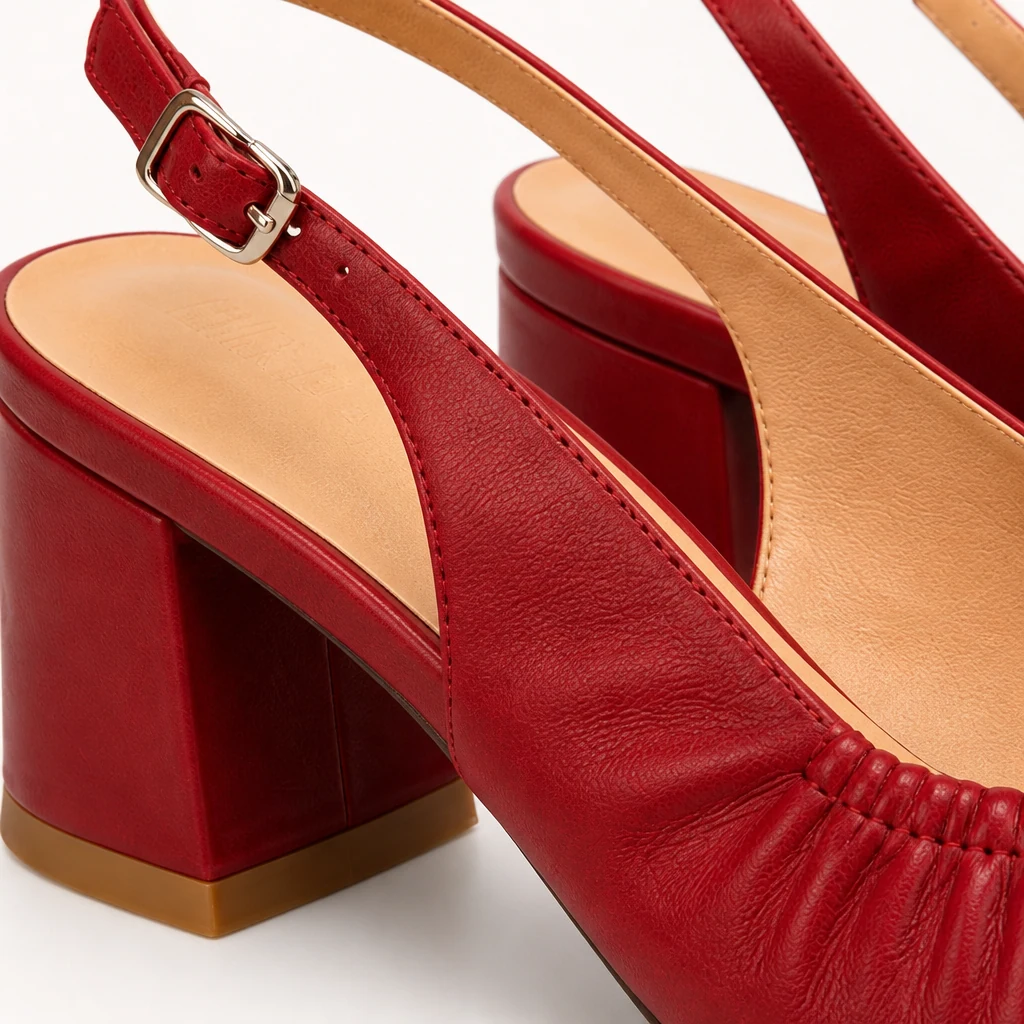 Close-up detail of the soft gathered upper and slingback buckle construction